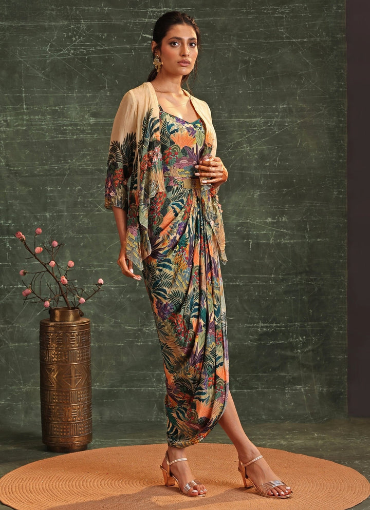 Beige Printed Crepe Draped Dress With Jacket Soup By Sougat Paul - Fabilicious Fashion