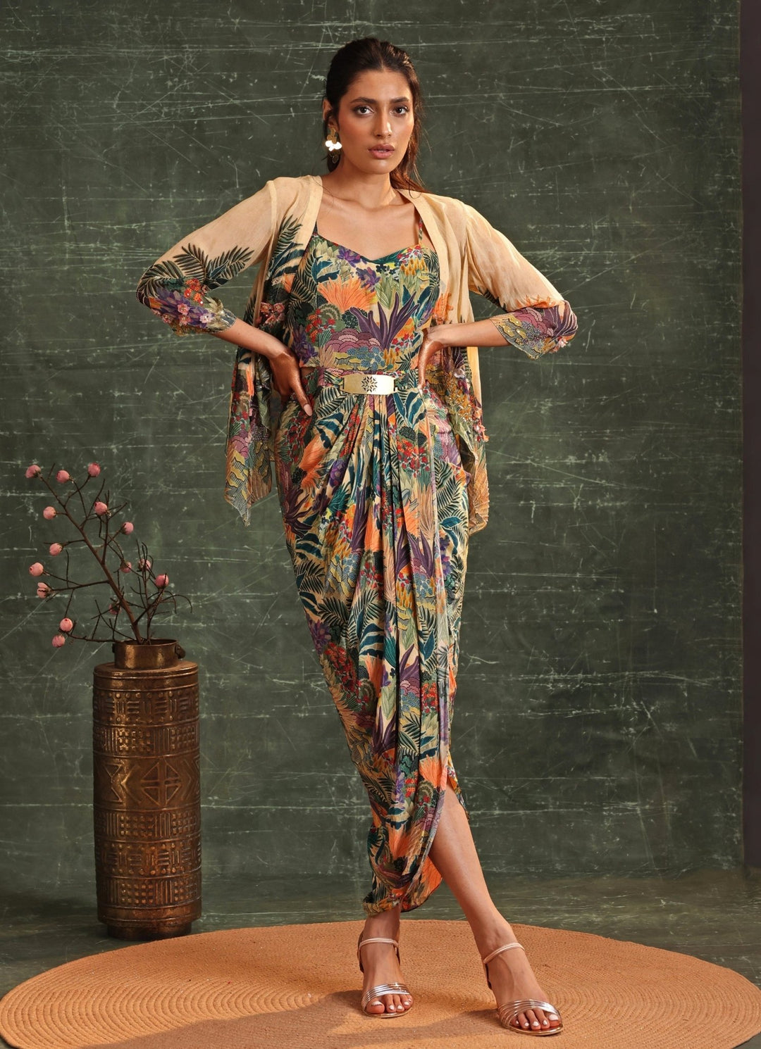 Beige Printed Crepe Draped Dress With Jacket Soup By Sougat Paul - Fabilicious Fashion