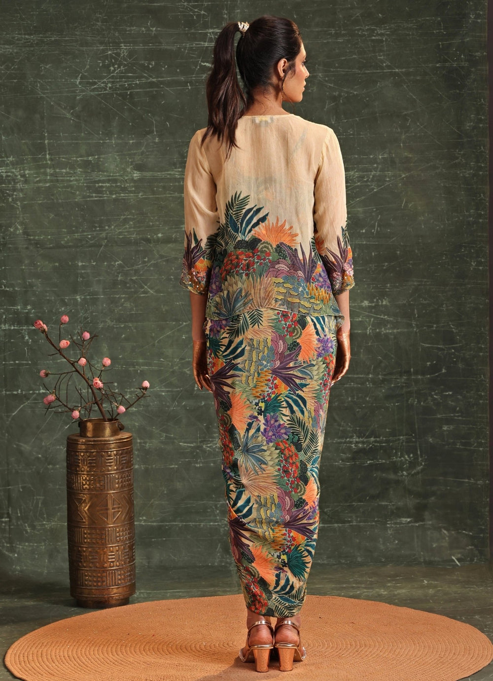 Beige Printed Crepe Draped Dress With Jacket Soup By Sougat Paul - Fabilicious Fashion
