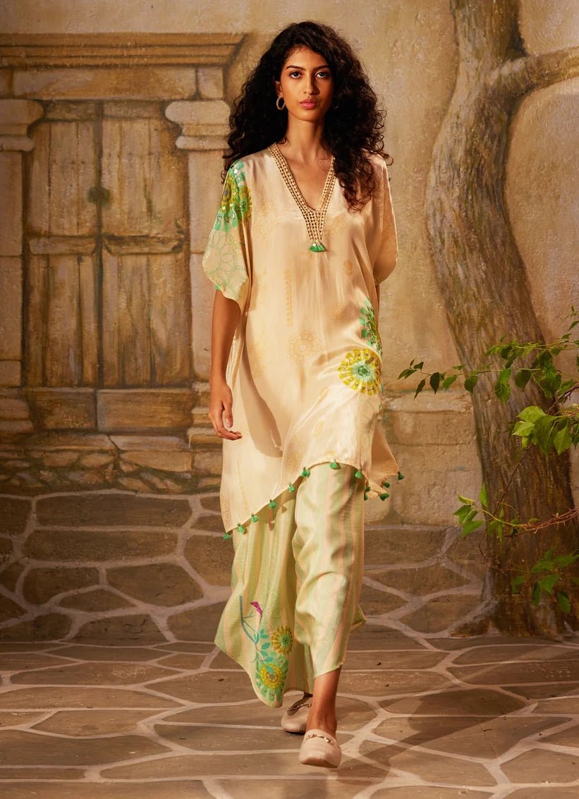 Beige Printed Crepe Kurta Pant Set Basil Leaf - Fabilicious Fashion