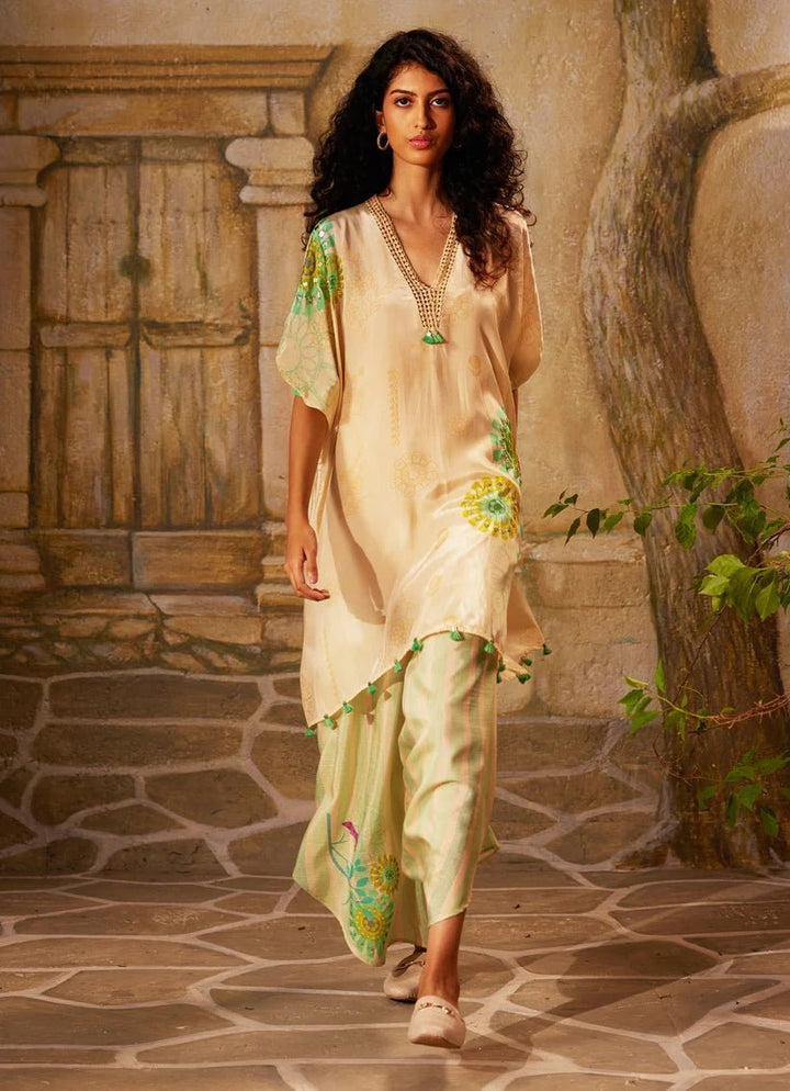 Beige Printed Crepe Kurta Pant Set Basil Leaf - Fabilicious Fashion