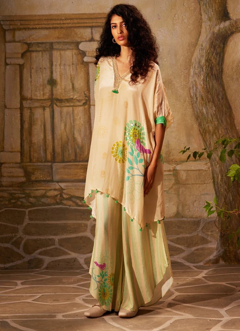 Beige Printed Crepe Kurta Pant Set Basil Leaf - Fabilicious Fashion