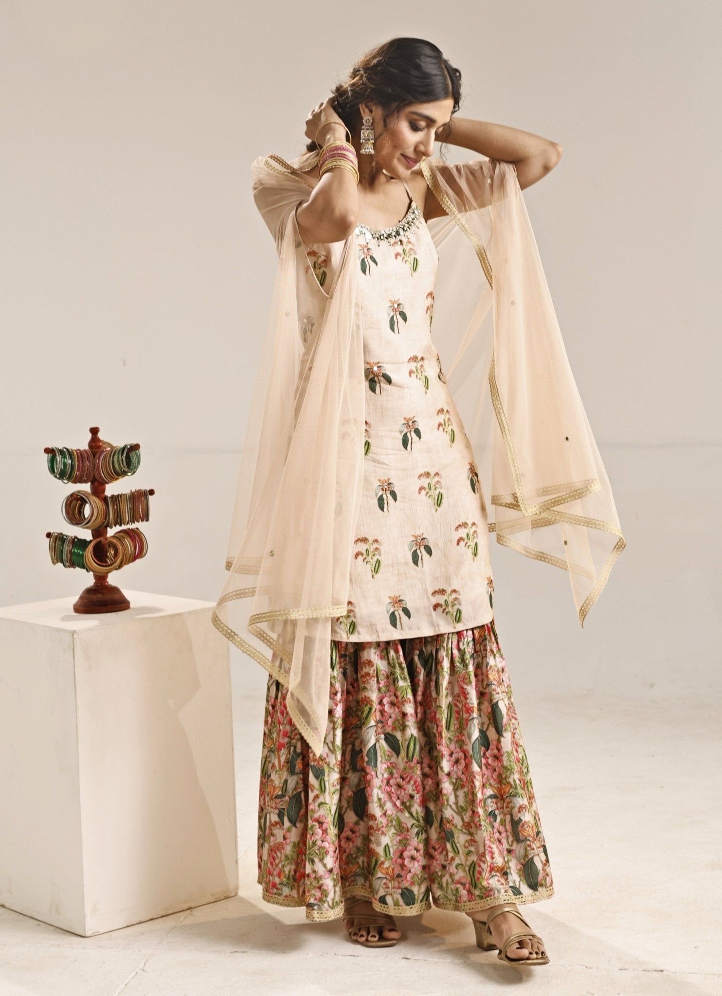Beige printed silk kurta sharara set with cape by Soup by Sougat Paul — modern wedding guest outfit for UK Indian weddings