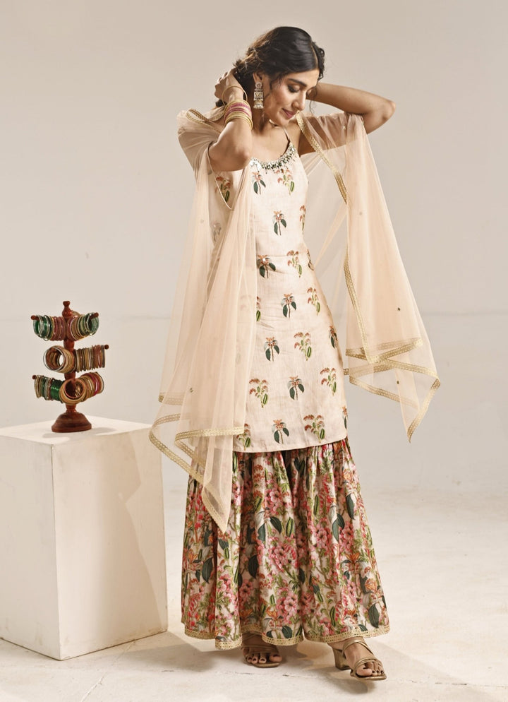 Beige Printed Silk Kurta Sharara Set With Cape Soup by Sougat Paul - Fabilicious Fashion