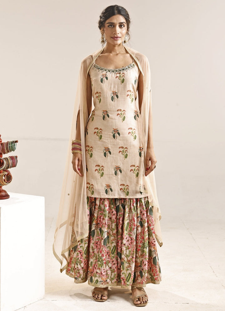Beige Printed Silk Kurta Sharara Set With Cape Soup by Sougat Paul - Fabilicious Fashion