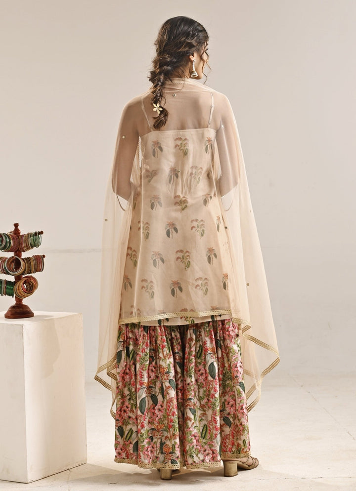 Beige Printed Silk Kurta Sharara Set With Cape Soup by Sougat Paul - Fabilicious Fashion