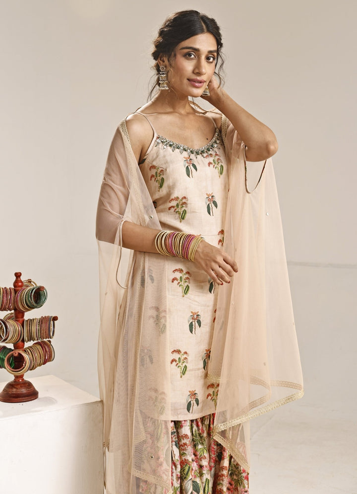Beige Printed Silk Kurta Sharara Set With Cape Soup by Sougat Paul - Fabilicious Fashion