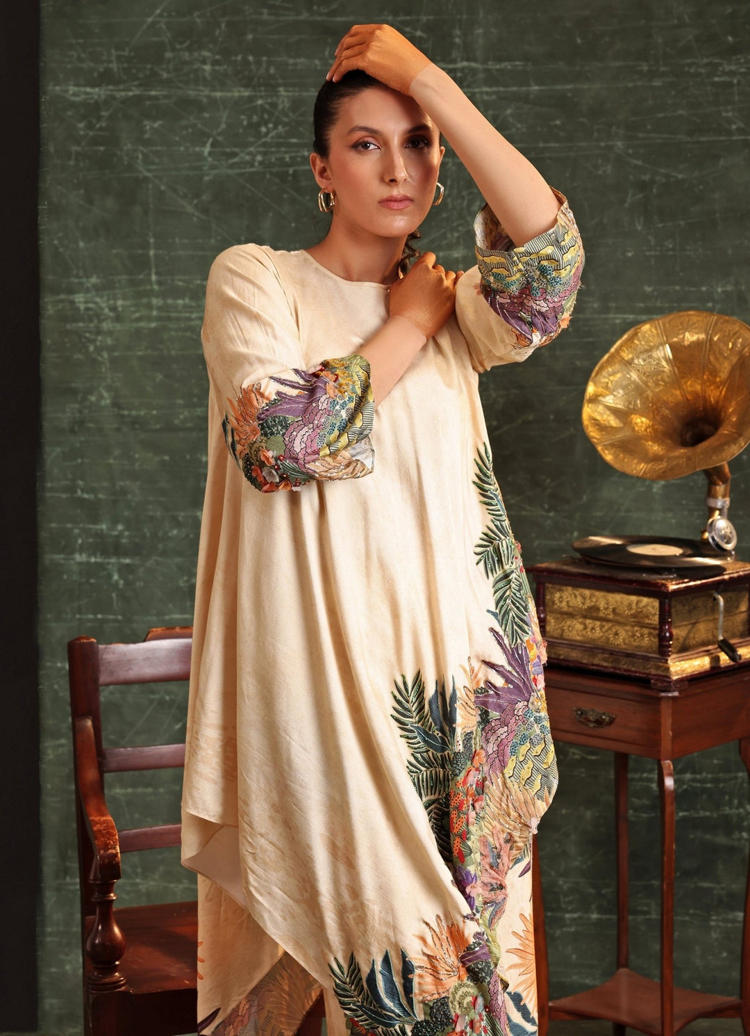Beige Printed Tropical Chanderi Kurta And Pant Set Soup By Sougat Paul - Fabilicious Fashion