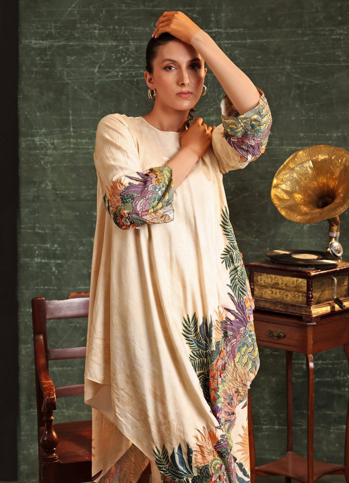 Beige Printed Tropical Chanderi Kurta And Pant Set Soup By Sougat Paul - Fabilicious Fashion