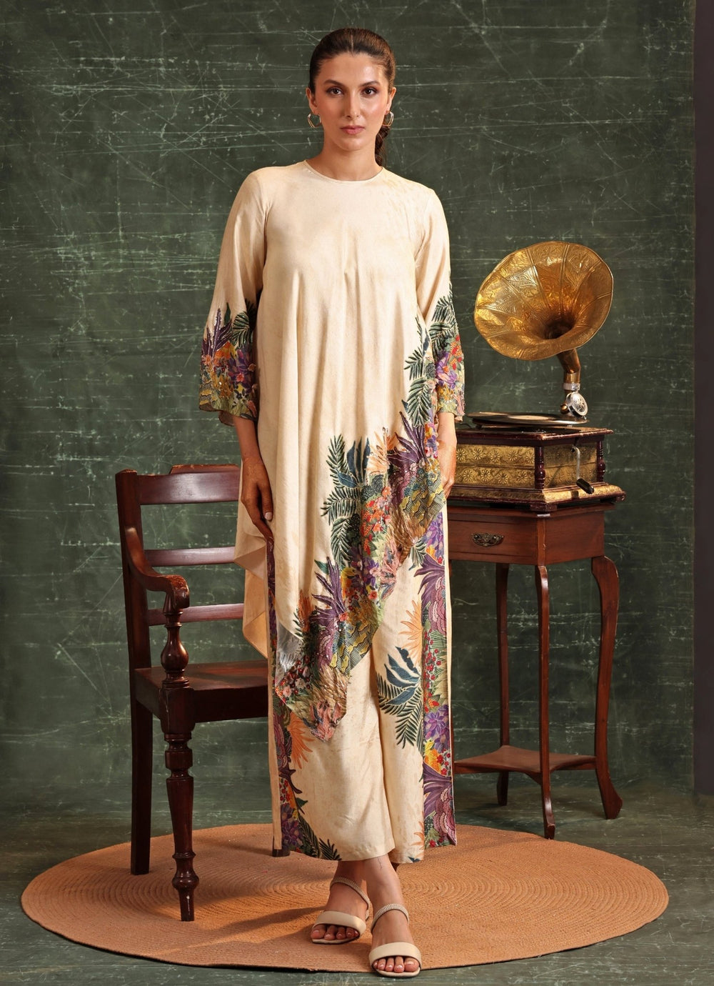 Beige Printed Tropical Chanderi Kurta And Pant Set Soup By Sougat Paul - Fabilicious Fashion