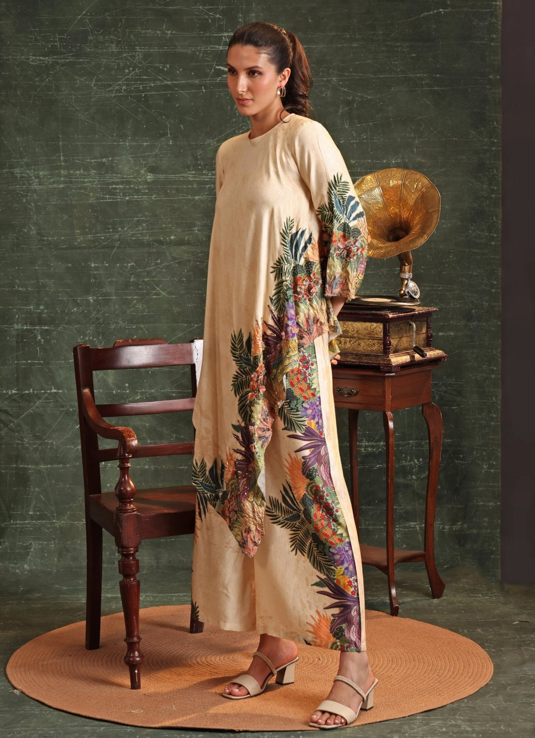 Beige Printed Tropical Chanderi Kurta And Pant Set Soup By Sougat Paul - Fabilicious Fashion