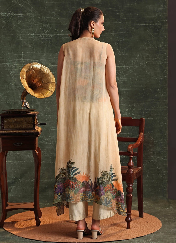 Beige Printed Tropical Chanderi Kurta And Pant Set Soup By Sougat Paul - Fabilicious Fashion