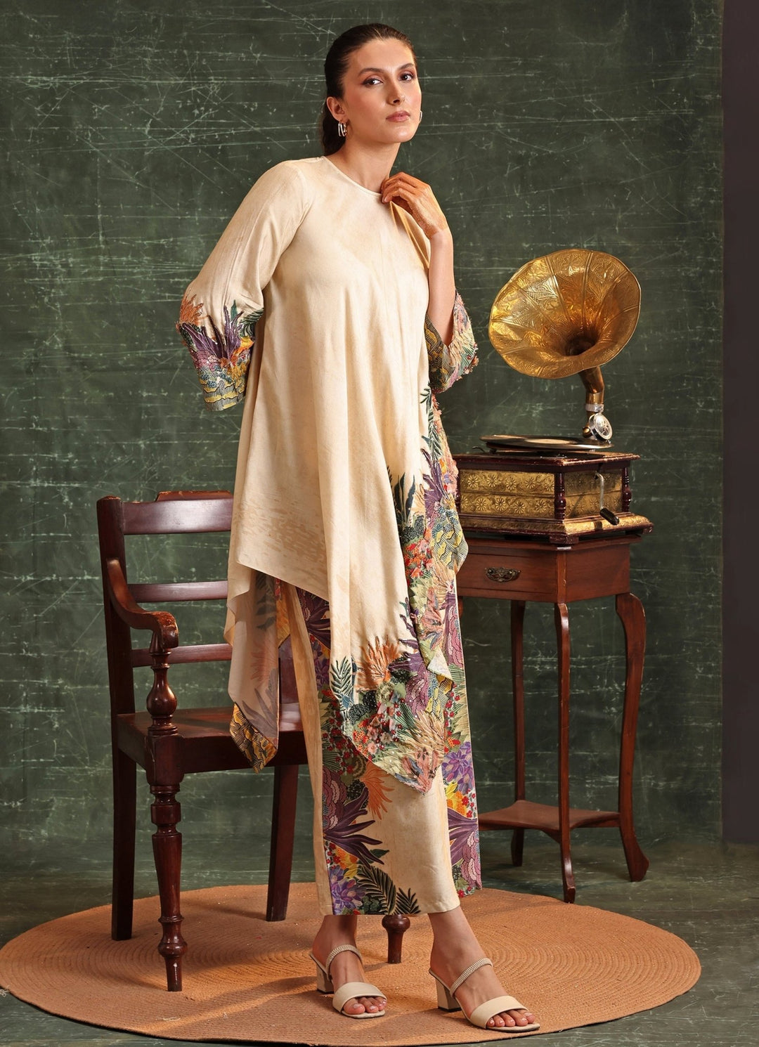 Beige Printed Tropical Chanderi Kurta And Pant Set Soup By Sougat Paul - Fabilicious Fashion