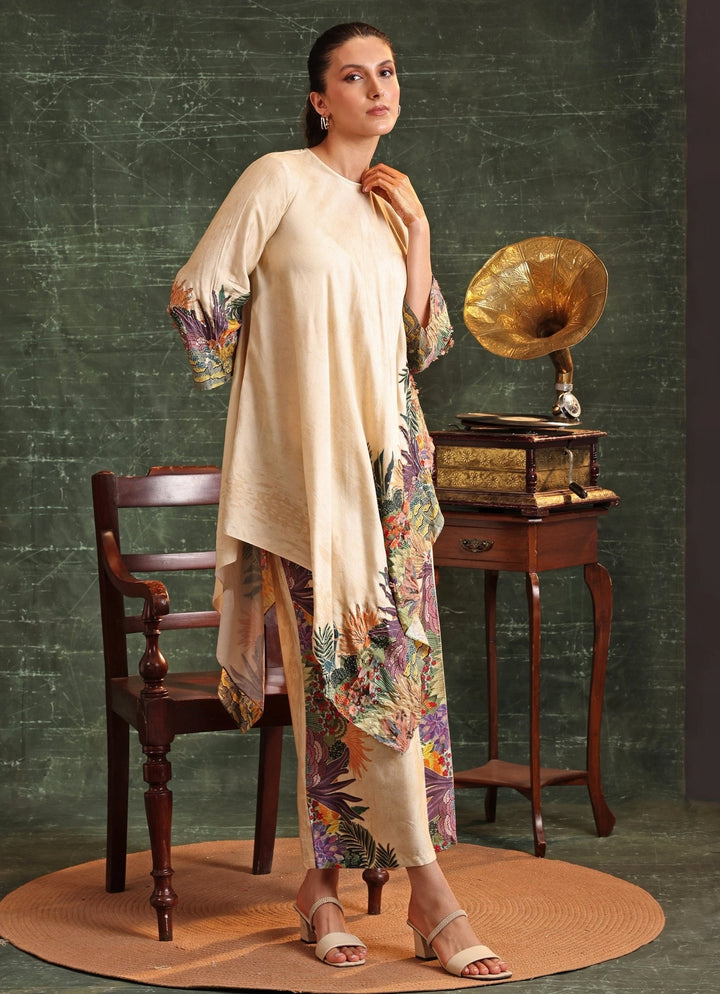 Beige Printed Tropical Chanderi Kurta And Pant Set Soup By Sougat Paul - Fabilicious Fashion