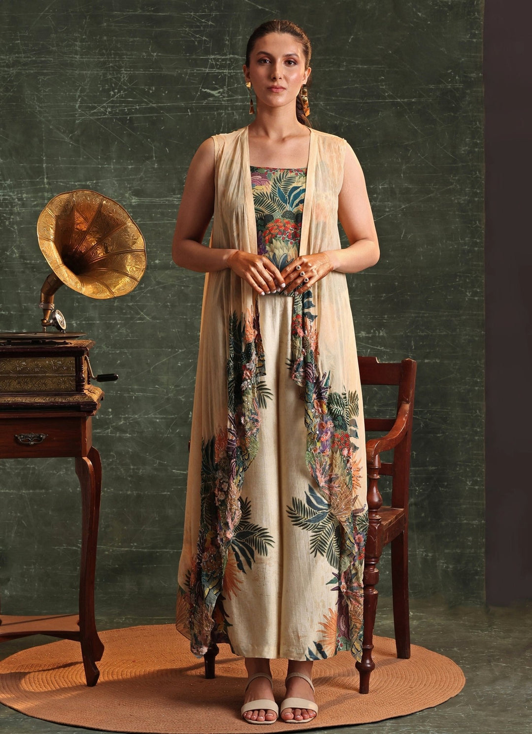 Beige Printed Tropical Organza Jacket With Pant Set Soup By Sougat Paul - Fabilicious Fashion