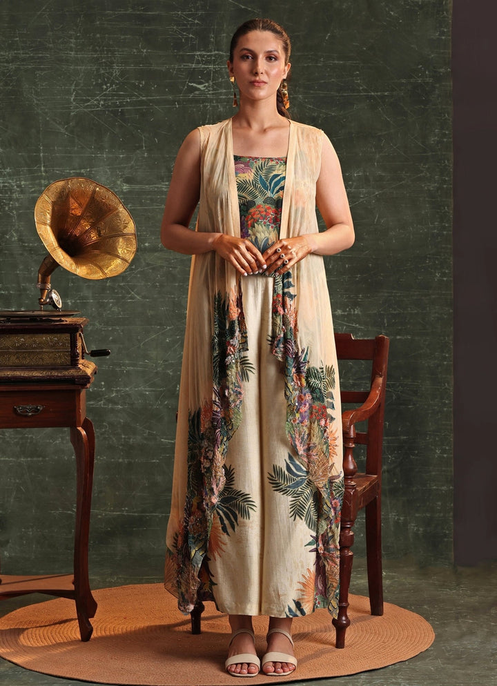Beige Printed Tropical Organza Jacket With Pant Set Soup By Sougat Paul - Fabilicious Fashion
