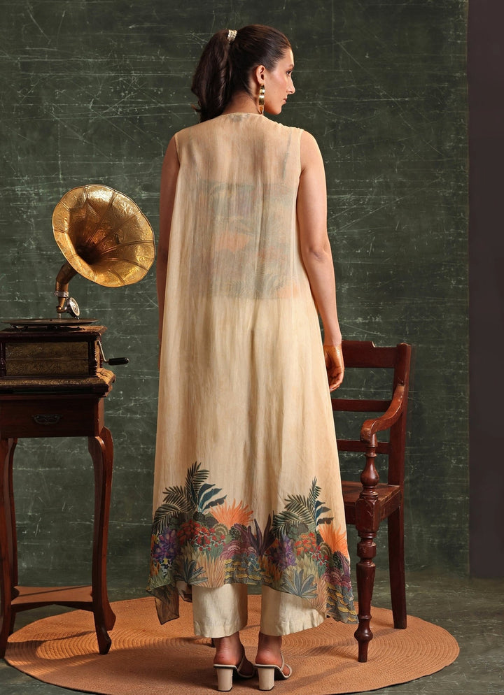 Beige Printed Tropical Organza Jacket With Pant Set Soup By Sougat Paul - Fabilicious Fashion