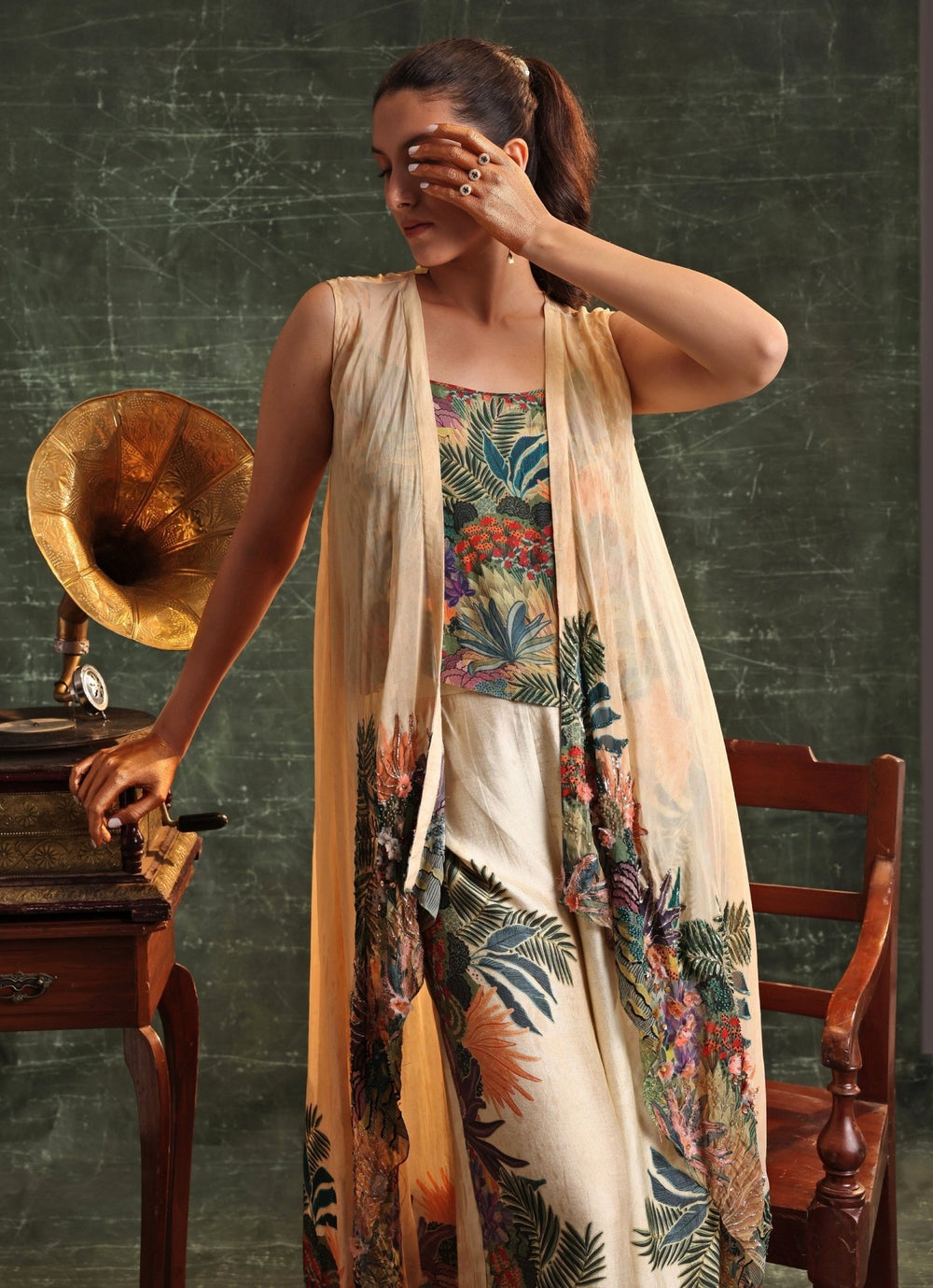 Beige Printed Tropical Organza Jacket With Pant Set Soup By Sougat Paul - Fabilicious Fashion