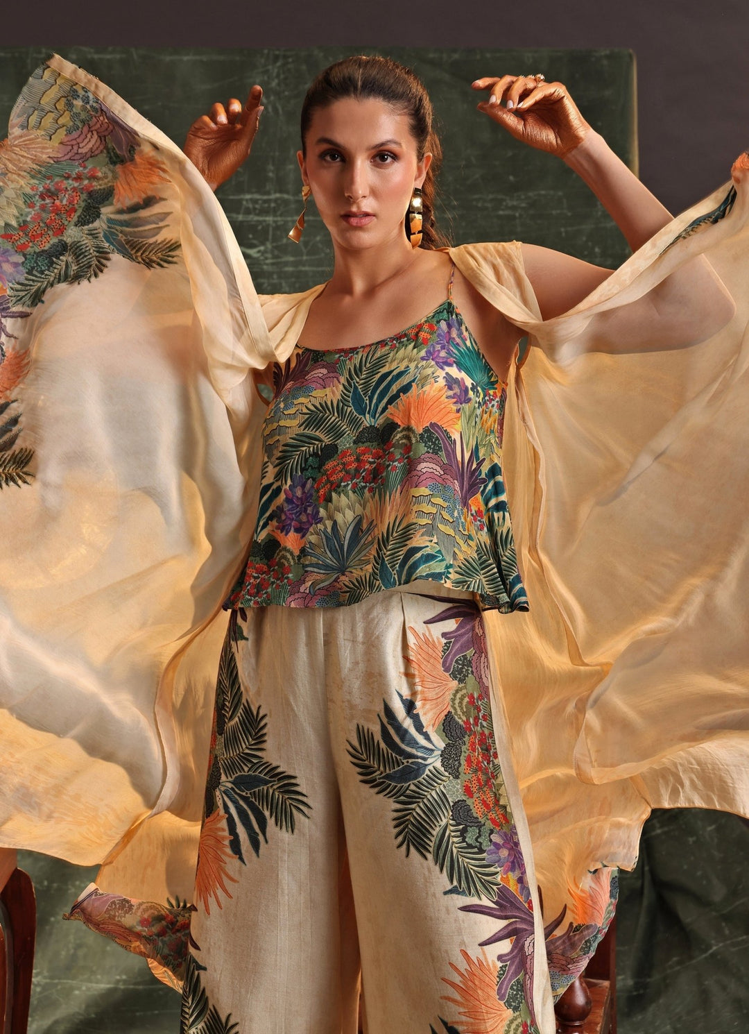Beige Printed Tropical Organza Jacket With Pant Set Soup By Sougat Paul - Fabilicious Fashion