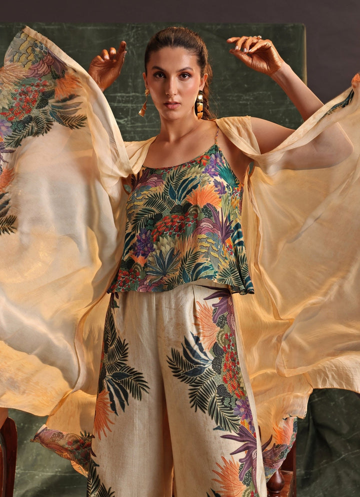 Beige Printed Tropical Organza Jacket With Pant Set Soup By Sougat Paul - Fabilicious Fashion