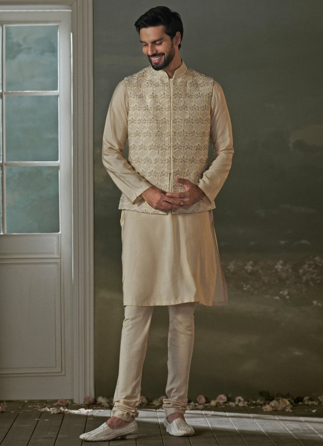 Beige Raw Silk Nehru Jacket Set Nitika Gujral - Men - Fabilicious Fashion