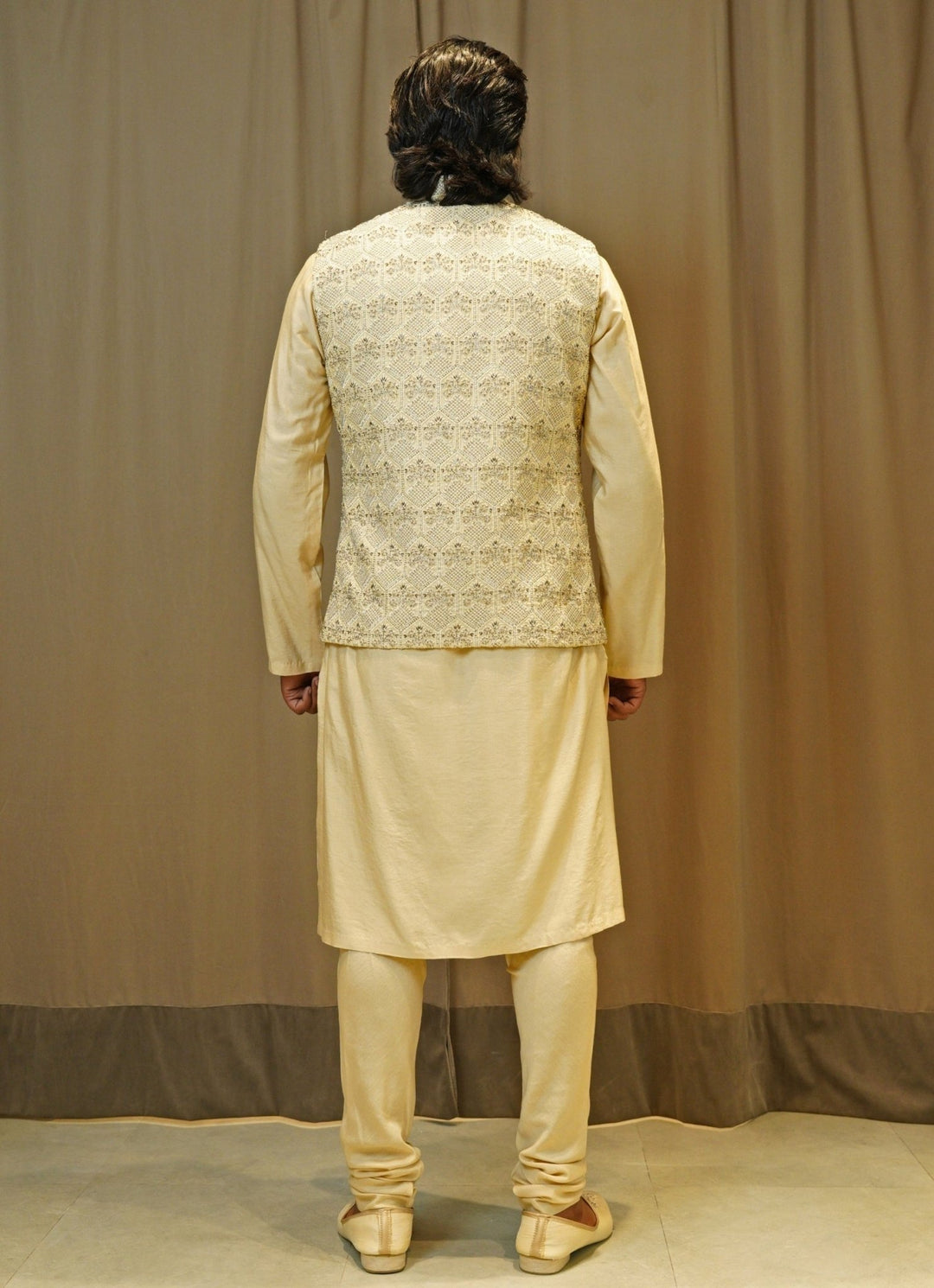 Beige Raw Silk Nehru Jacket Set Nitika Gujral - Men - Fabilicious Fashion