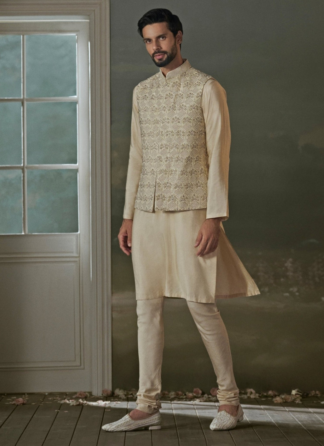 Beige Raw Silk Nehru Jacket Set Nitika Gujral - Men - Fabilicious Fashion