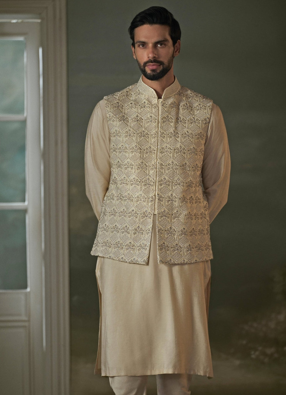 Beige Raw Silk Nehru Jacket Set Nitika Gujral - Men - Fabilicious Fashion