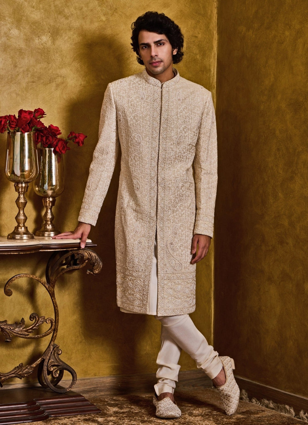 Beige Raw Silk Sherwani Set Nitika Gujral - Men - Fabilicious Fashion