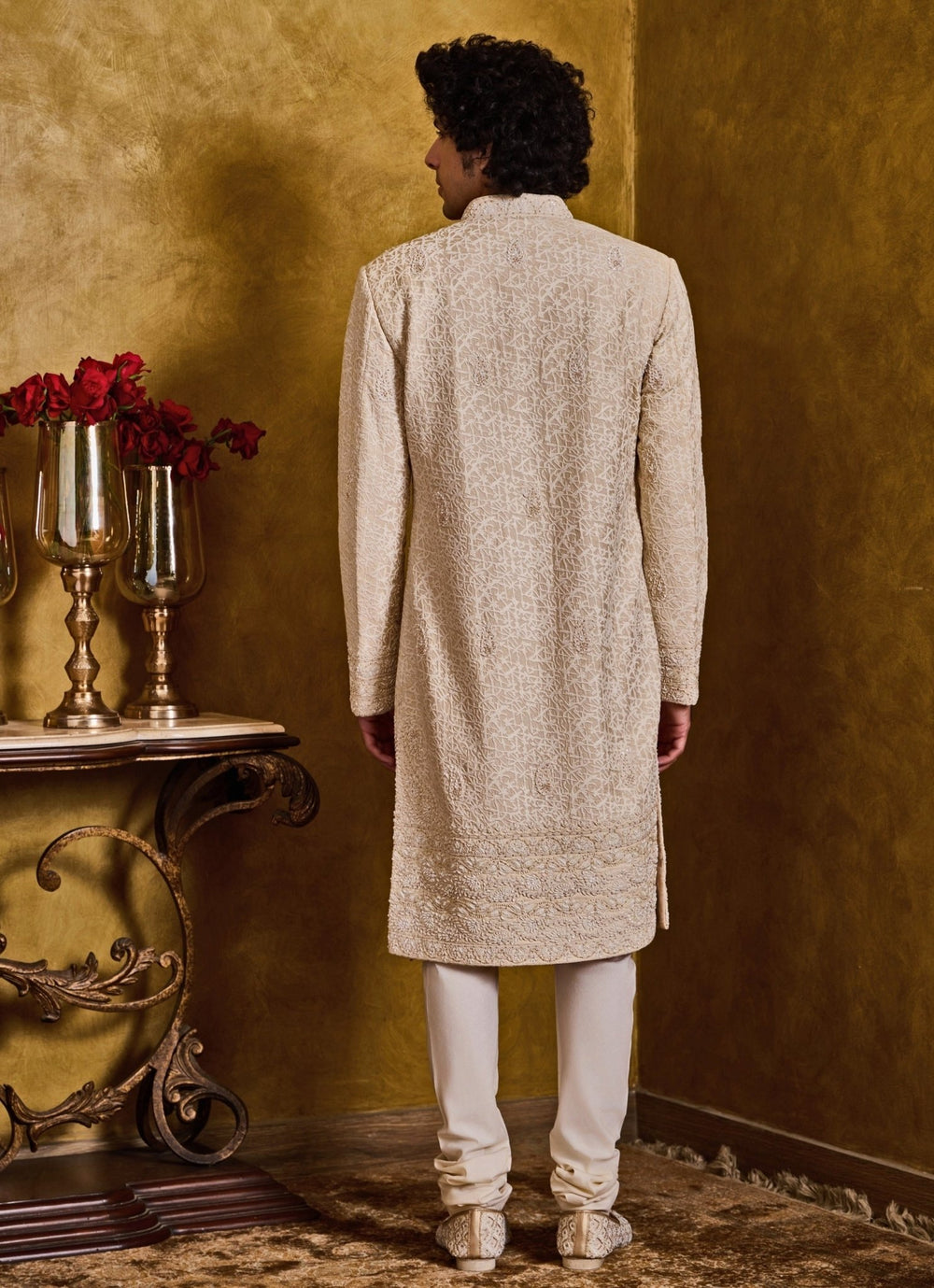 Beige Raw Silk Sherwani Set Nitika Gujral - Men - Fabilicious Fashion