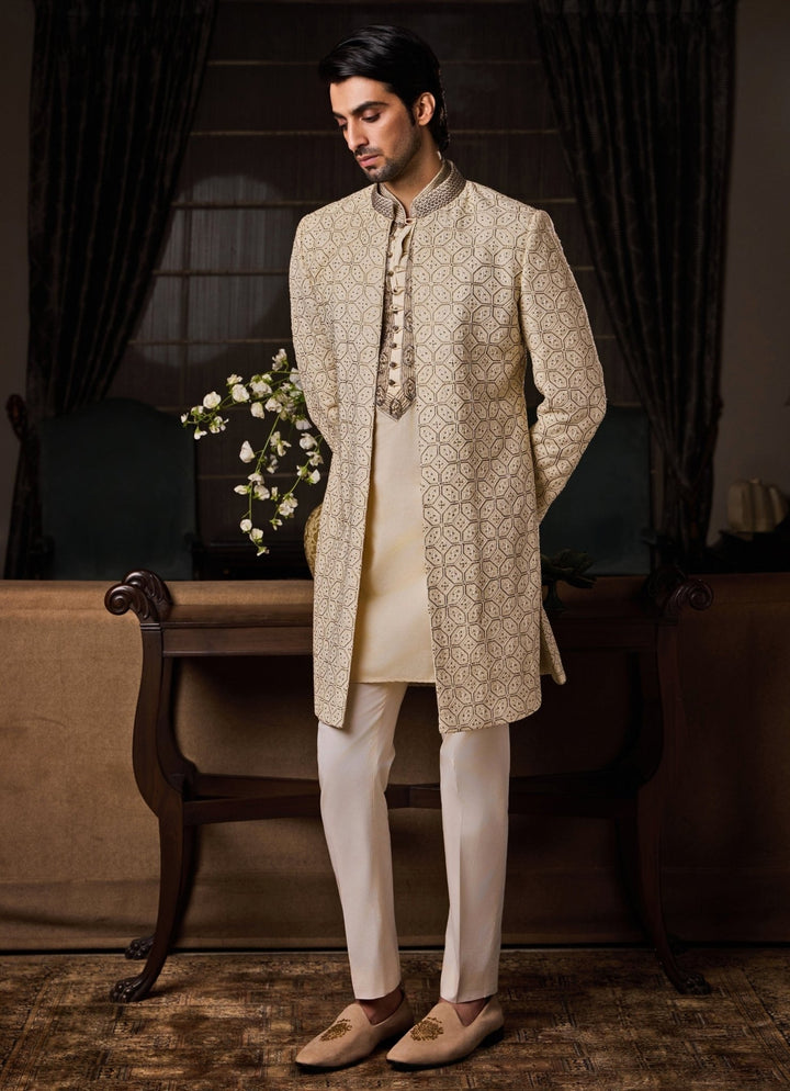 Beige Raw Silk Sherwani Set Nitika Gujral - Men - Fabilicious Fashion