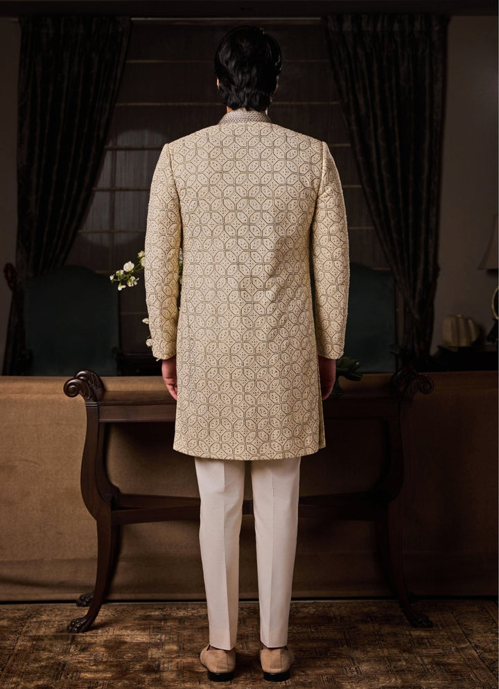 Beige Raw Silk Sherwani Set Nitika Gujral - Men - Fabilicious Fashion