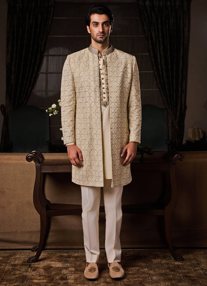 Beige Raw Silk Sherwani Set Nitika Gujral - Men - Fabilicious Fashion