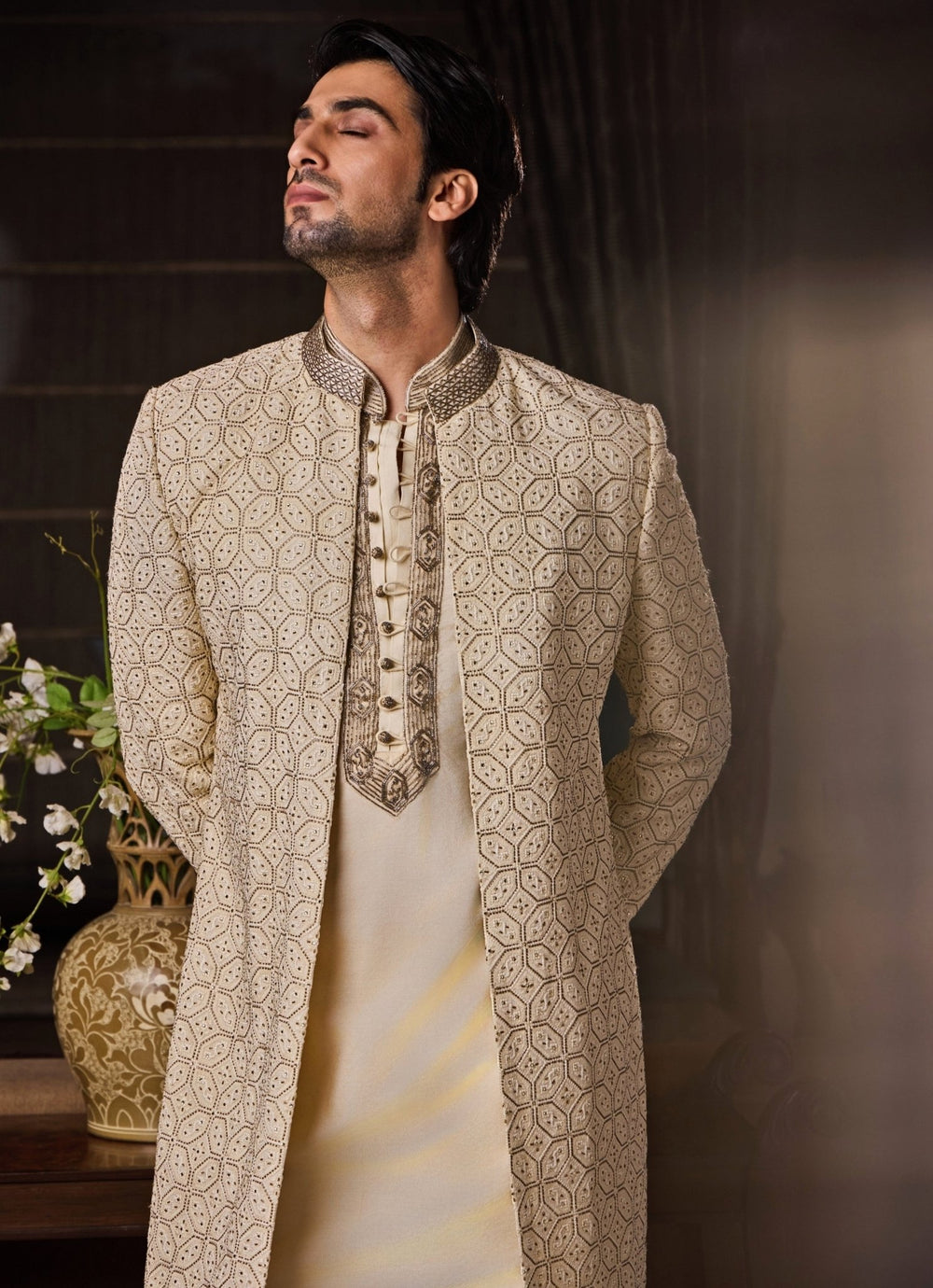 Beige Raw Silk Sherwani Set Nitika Gujral - Men - Fabilicious Fashion