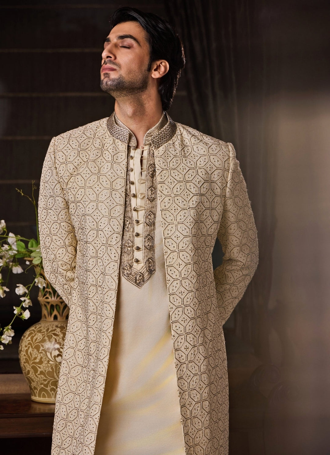 Beige Raw Silk Sherwani Set Nitika Gujral - Men - Fabilicious Fashion