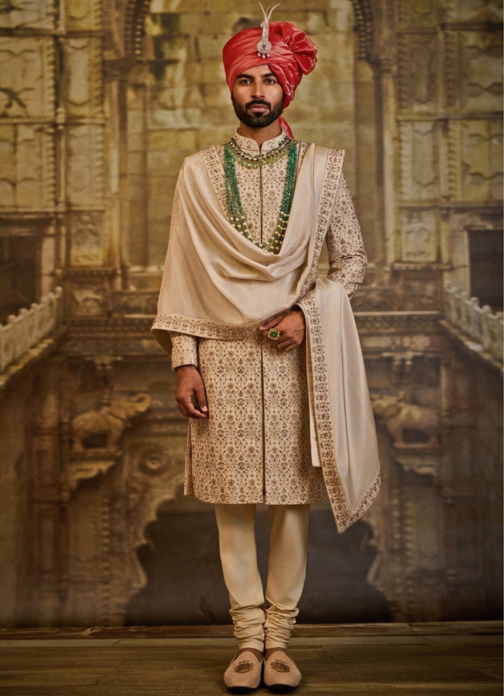 Beige Raw Silk Sherwani Set Nitika Gujral - Men - Fabilicious Fashion
