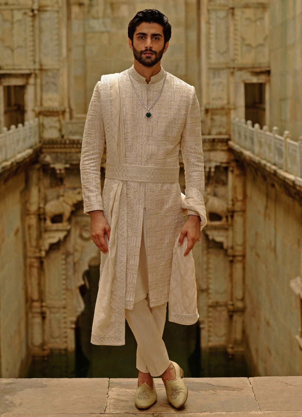 Beige Raw Silk Sherwani Set Nitika Gujral - Men - Fabilicious Fashion