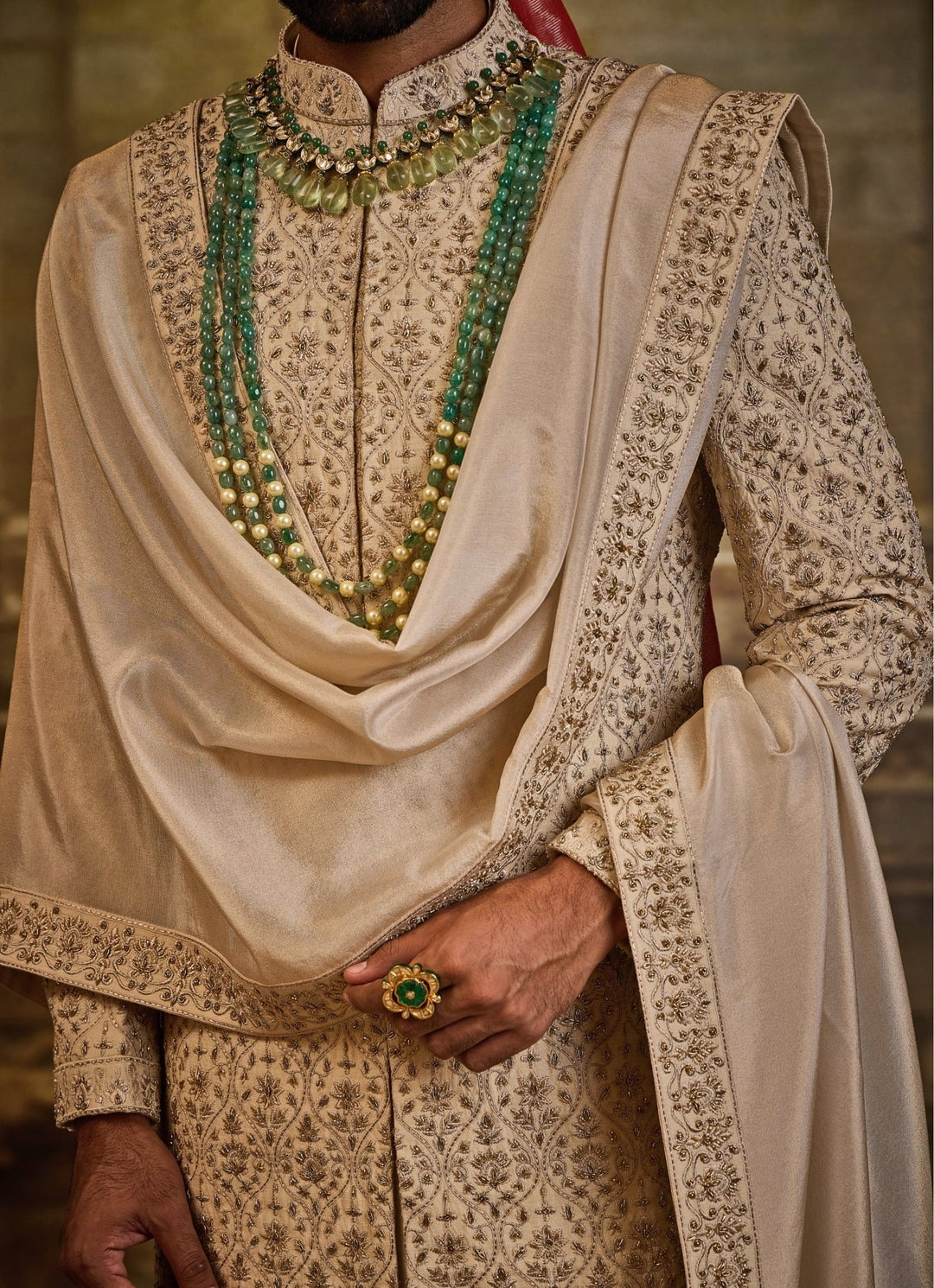 Beige Raw Silk Sherwani Set Nitika Gujral - Men - Fabilicious Fashion