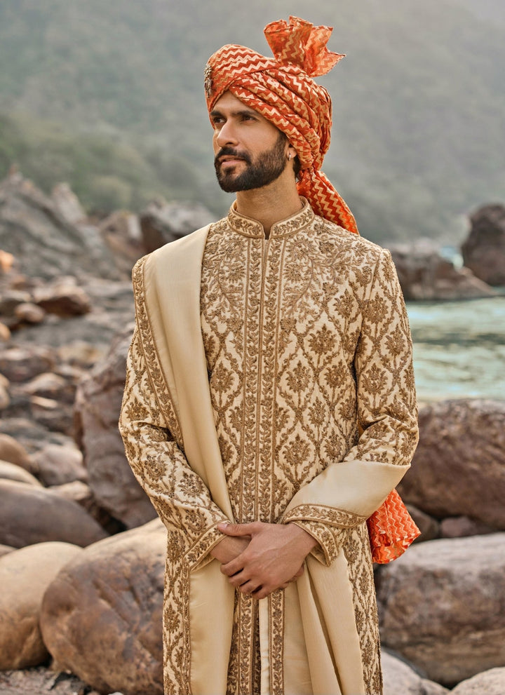 Nitika Gujral - Men Beige Raw Silk Sherwani SetFabilicious Fashion