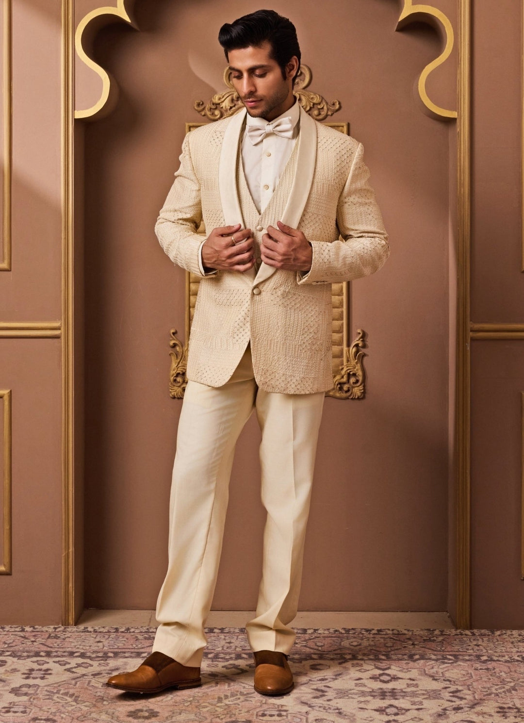 Beige Raw Silk Tuxedo Set Nitika Gujral - Men - Fabilicious Fashion