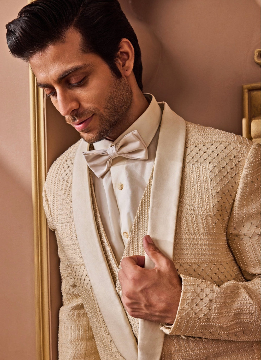 Beige Raw Silk Tuxedo Set Nitika Gujral - Men - Fabilicious Fashion