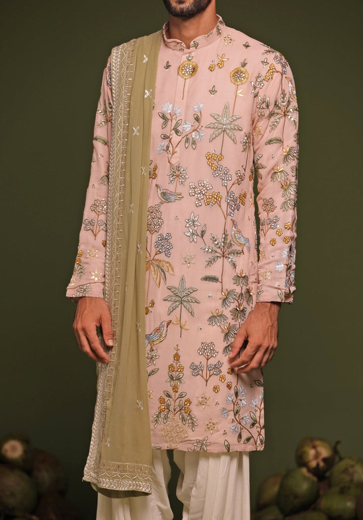 Beige Resham Kurta Patiala Pant Set With Dupatta Kalpraag - Fabilicious Fashion