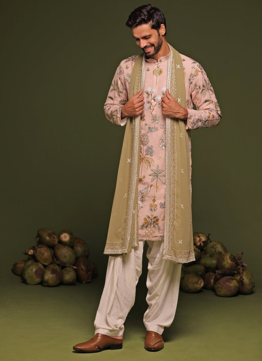 Beige Resham Kurta Patiala Pant Set With Dupatta Kalpraag - Fabilicious Fashion