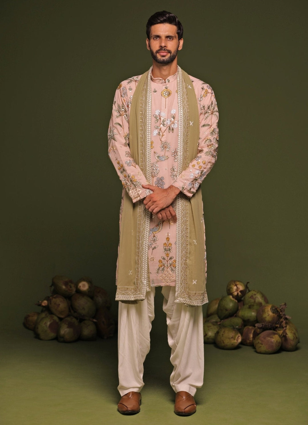 Beige Resham Kurta Patiala Pant Set With Dupatta Kalpraag - Fabilicious Fashion