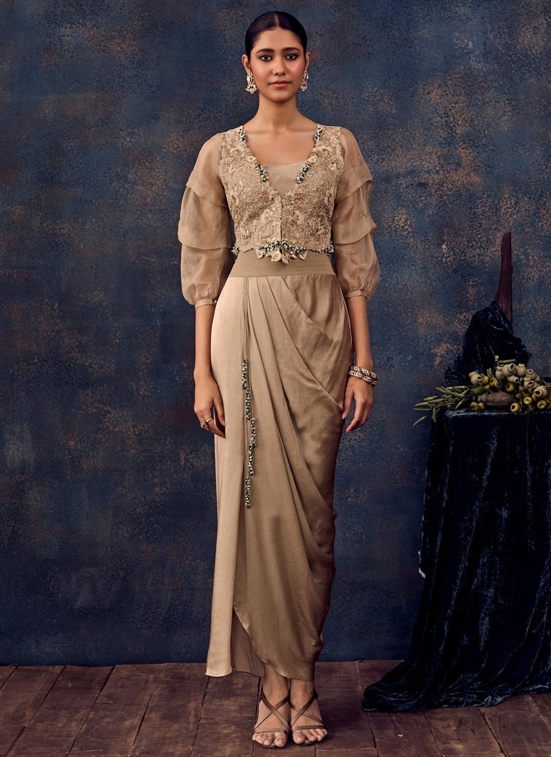 Prisho Beige Satin Drape Skirt Set With JacketFabilicious Fashion
