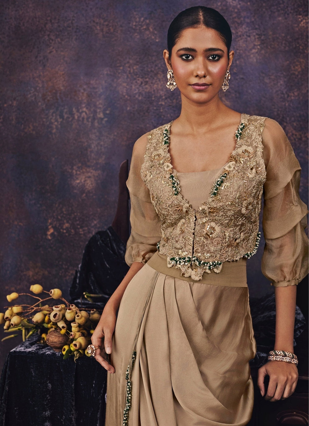Prisho Beige Satin Drape Skirt Set With JacketFabilicious Fashion