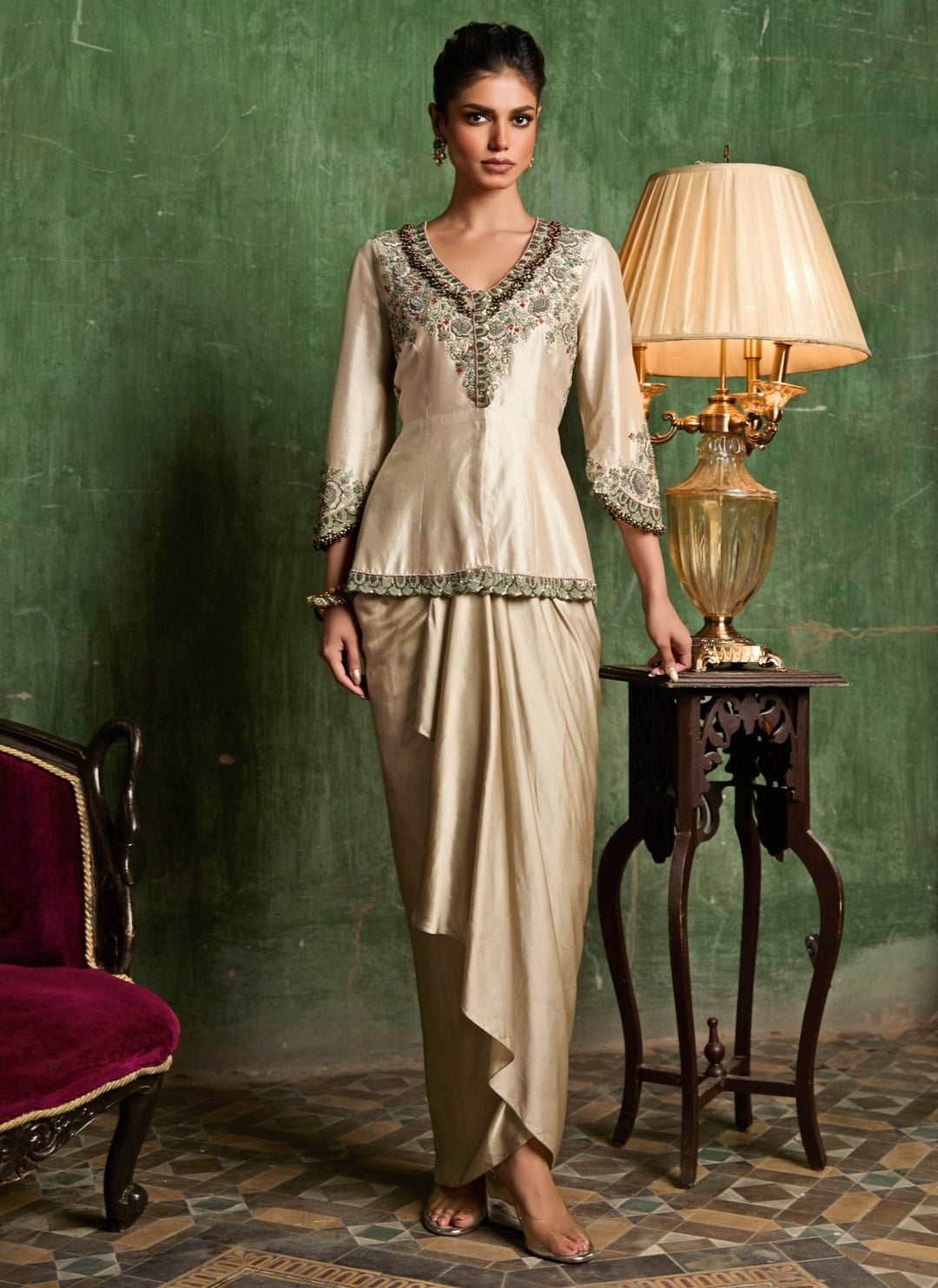 Prisho Beige Satin Drape Skirt Set With Peplum TopFabilicious Fashion