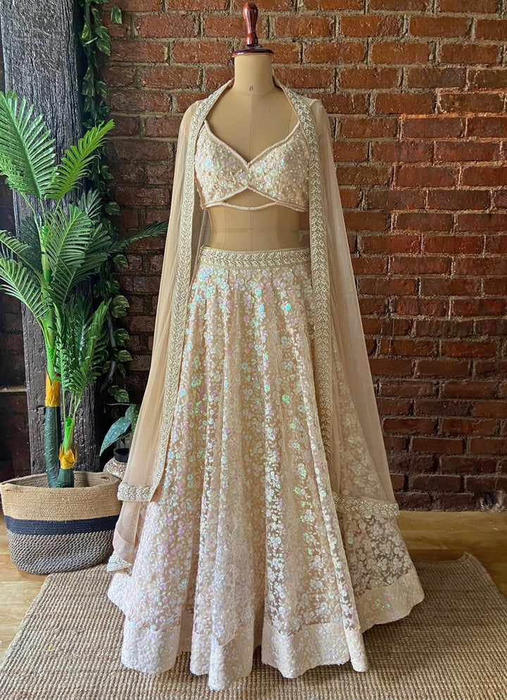 Beige Sequin Embroidered Lehenga Set Priti Sahni - Fabilicious Fashion