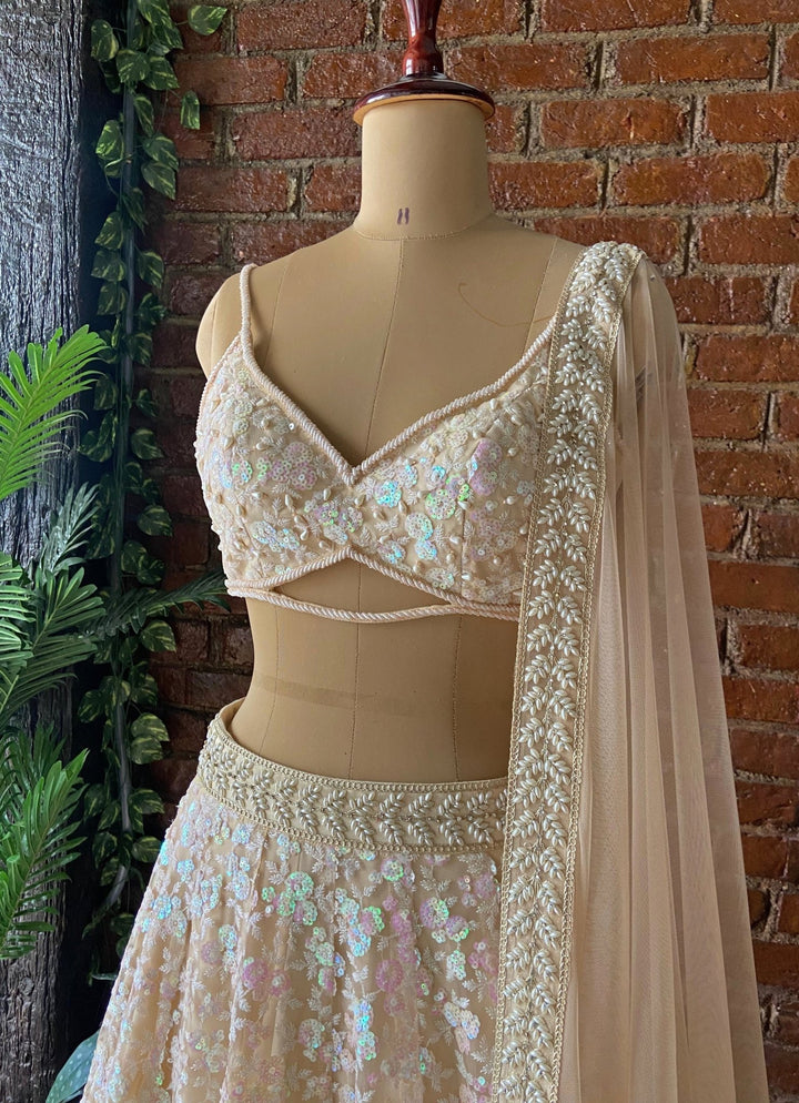 Beige Sequin Embroidered Lehenga Set Priti Sahni - Fabilicious Fashion