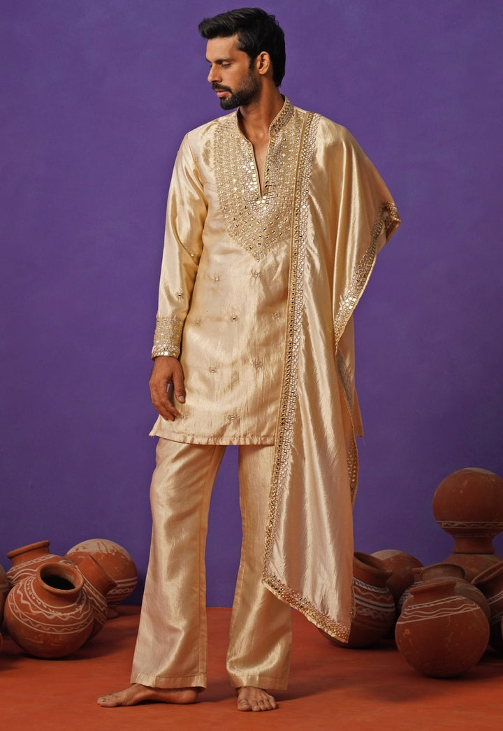 Kalpraag Beige Silk Mirror Kurta Set with DupattaFabilicious Fashion